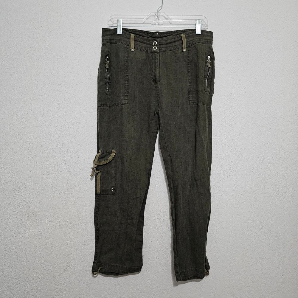 Chico's Olive Green Cargo Utility Wear Pants Women Linen Natural Fibers Layering